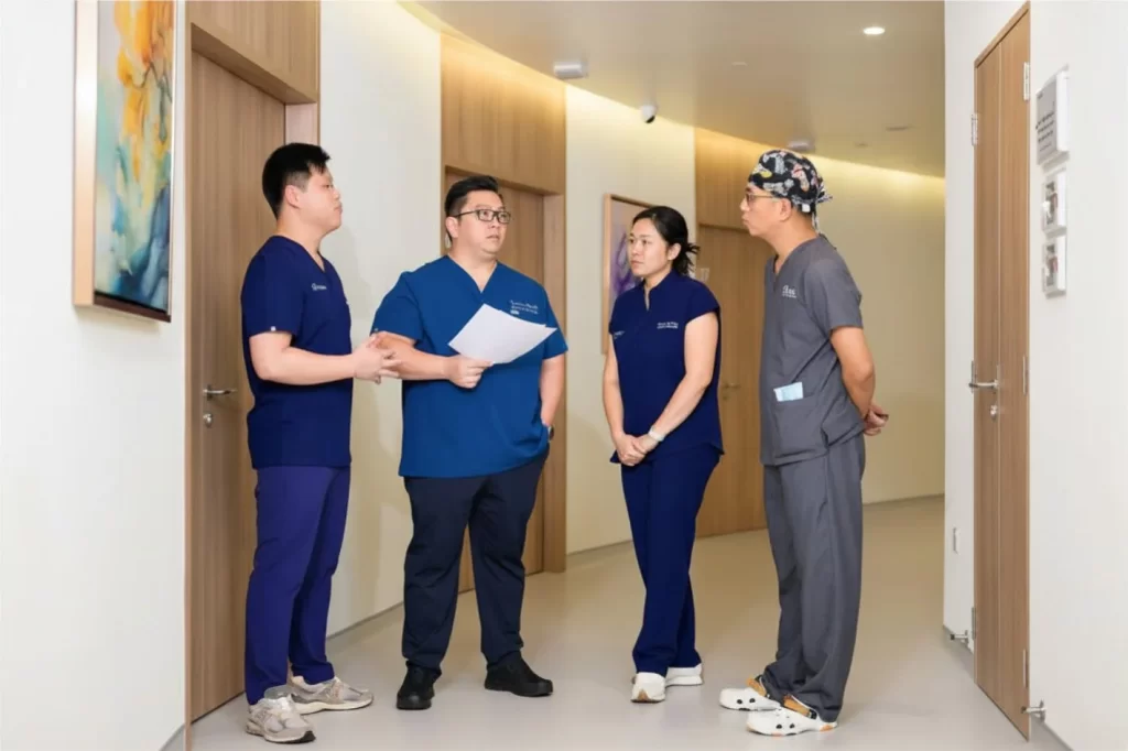 podiatrist discussing surgery case with orthopaedic specialist and physiotherapist